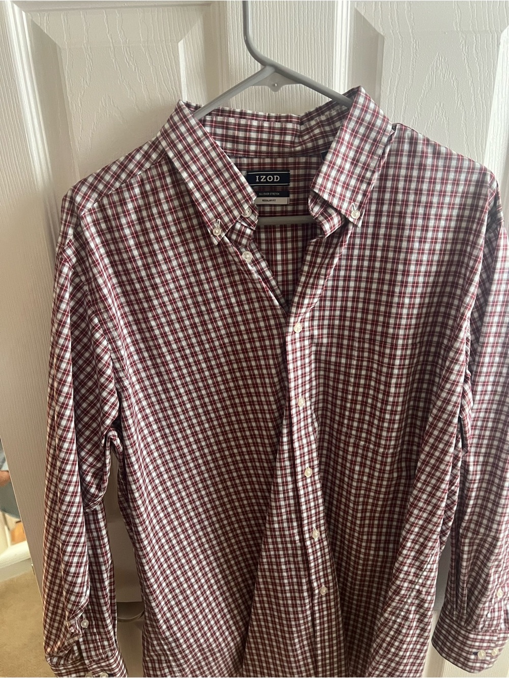 Izod Men's Burgundy and White Plaid Button-Down Shirt